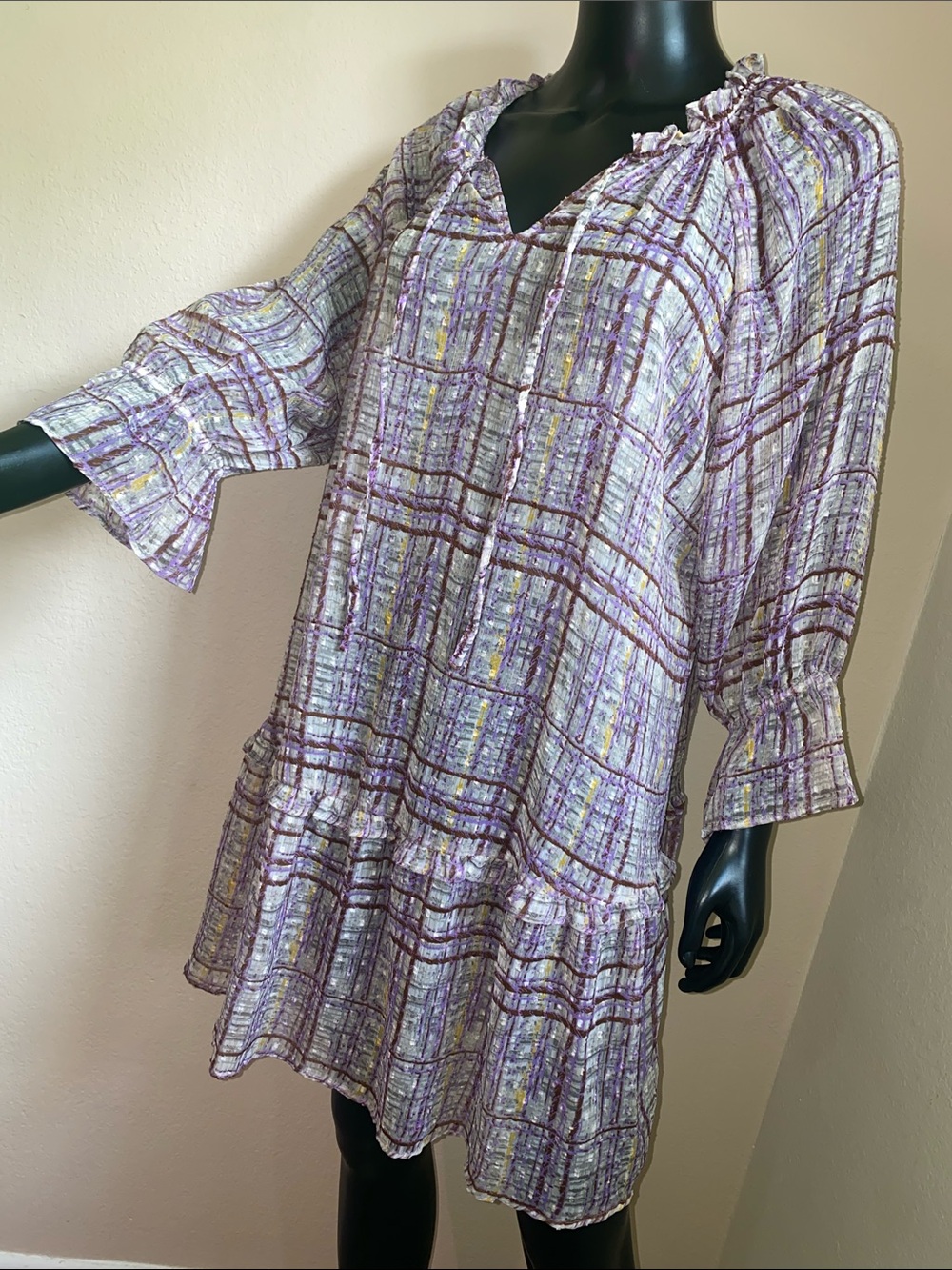 Cato Lavender Plaid Ruffle-Neck Sheer Mini Dress - Picture 3 of 11